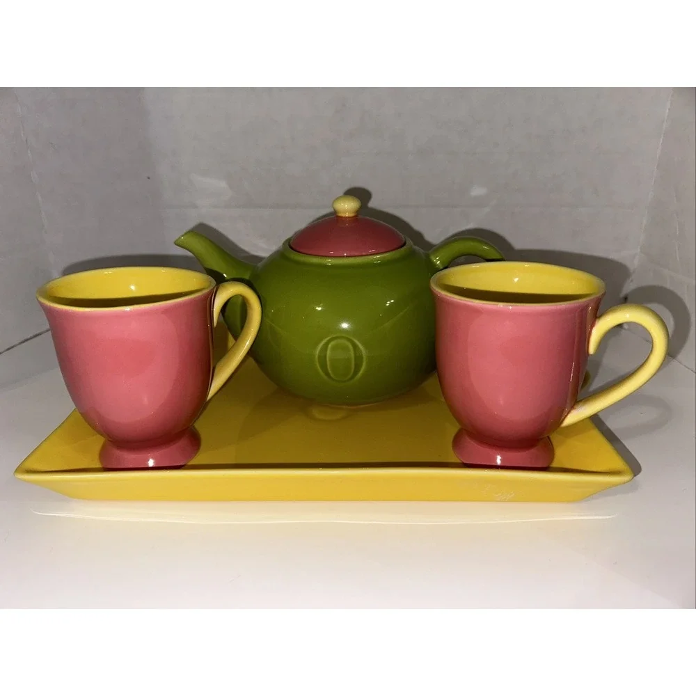 Tea Set Teapot‎ Two Mugs & Tray Green Pink Yellow Color Block 4pc Oprah Winfrey
